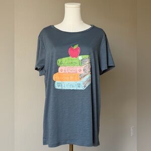 LOFT Teacher Book Stack and Apple Graphic Cotton Super Soft T Shirt-XL